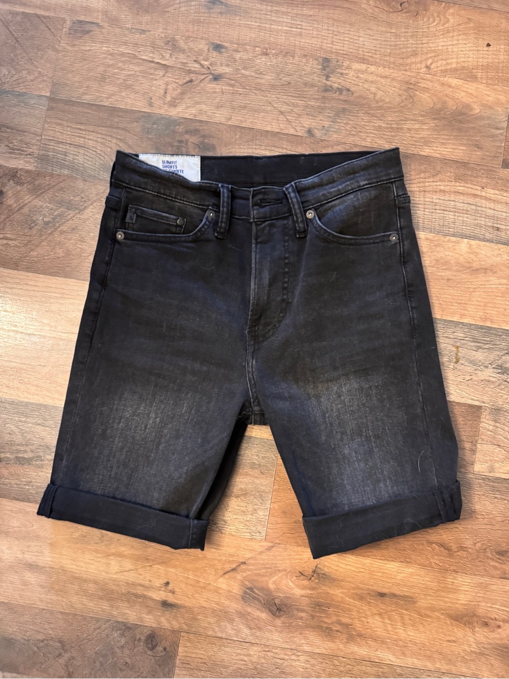 H&M Men's Black Washed Denim Shorts with Rolled Cuff